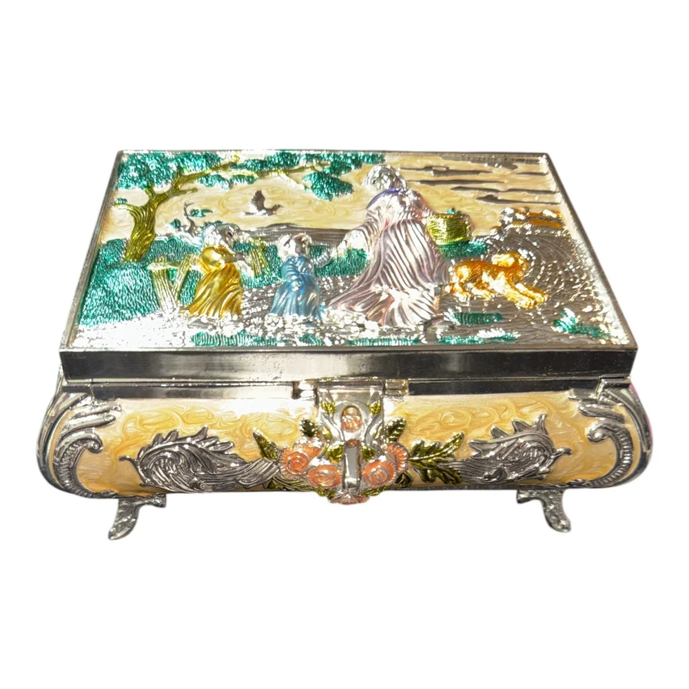 Vintage Decorative Jewelry Box with Victorian Scene, Metal Embossed Trinket Case